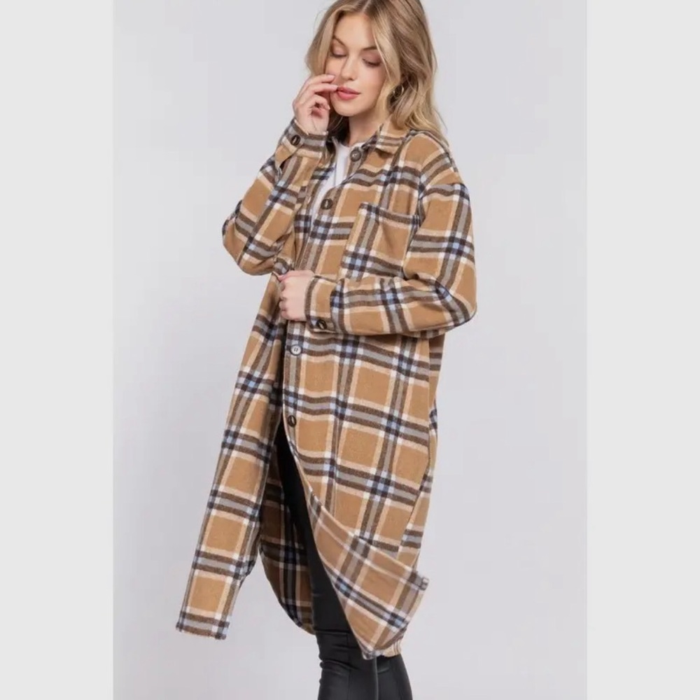 Women's Plaid Long Button Down Shacket - Picture 2 of 4